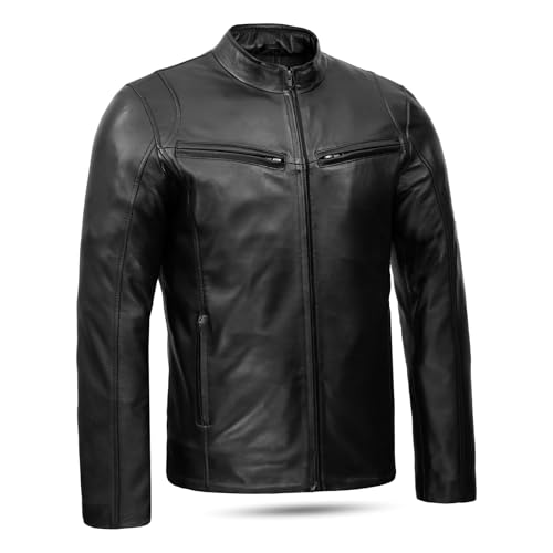 Leatherick Men's Genuine Lambskin Leather Motorcycle Jacket - Full-Grain Black Biker Jacket with Zipper and Multiple Pockets