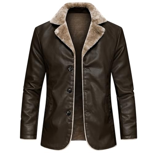 Image of Men's Faux Leather Jacket Thick Faux Fur Shearling Lapel Collar Botton Down Long Trench Coats Black Brown