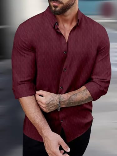 Image of DEELMO Men's Regular Fit Button Down Dress Shirts Textured Long Sleeve Casual Hawaiian Shirt