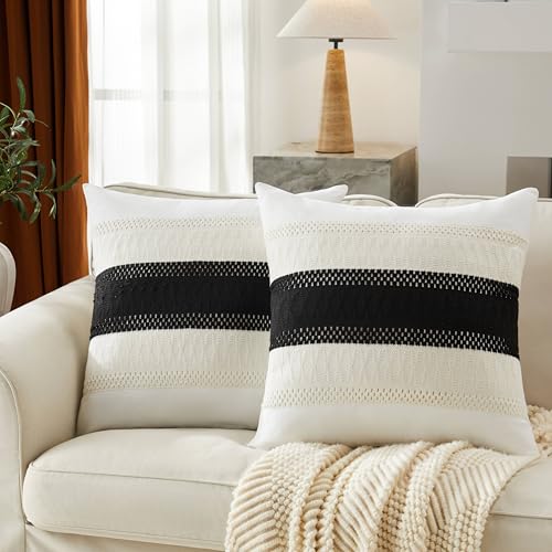 YZJZEDS 2pk Boho Pillow Covers 22x22, Natural White/Contrast/Black