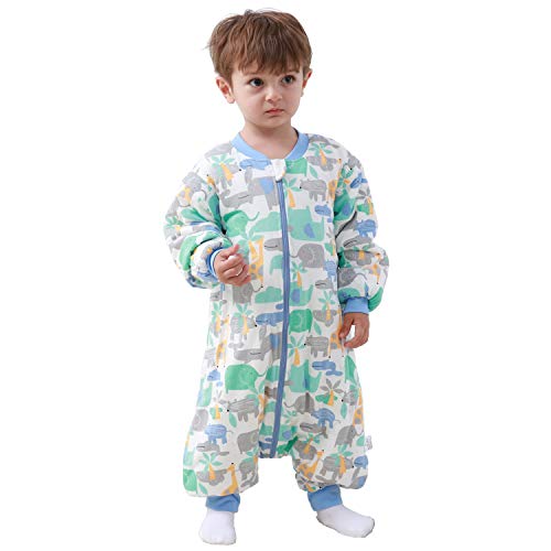 Baby slaapzak met benen warm gevoerd winter lange mouwen winterslaapzak met voet 2,5 TOG (blauwe olifant, L/hoogte 110cm-120cm)