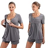 VAKAART Women's Maternity Nursing Pajama Set, Short Sleeve Top with Adjustable Waistband Shorts Brea