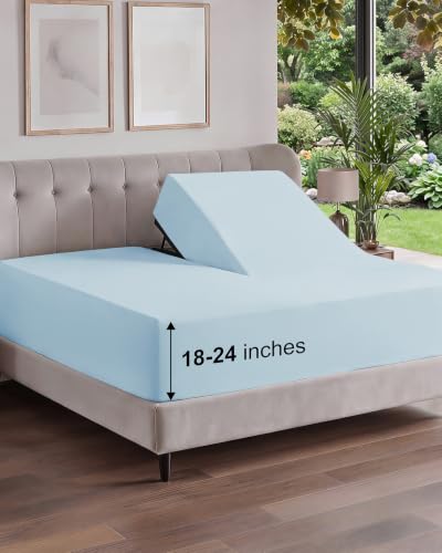 Image of Extra Deep Flex Top Split Head King Fitted Sheet - Hotel Luxury Single Fitted Sheet Only - Easily Fits 18 inch to 24 inch Mattress - Ultra Soft, Wrinkle Free w /Extra Deep Pockets - Sky Blue