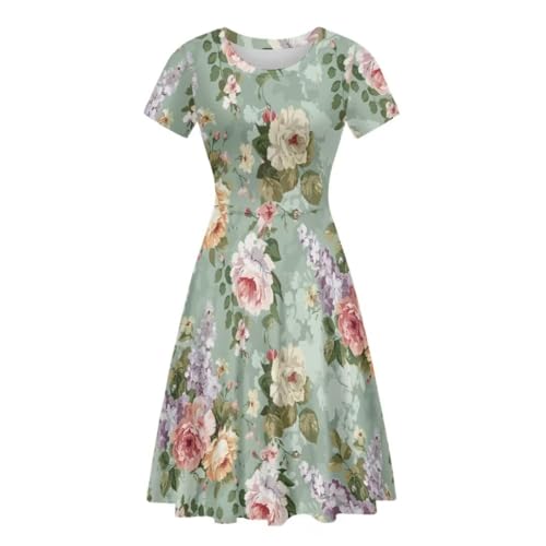 Allinterest Swing and Flare Fit Dress for Women Colorful Peony Print Short Sleeve Summer Beach Dresses with Knee Length