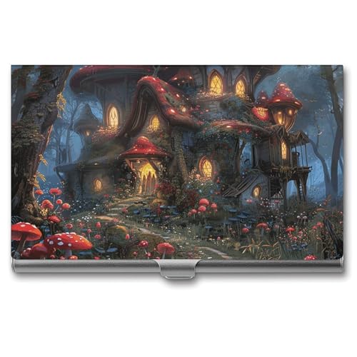 Slim Metal Business Card Holder - Mushrooms And Flowers Aluminum Alloy Card Case with Buckle Closure, Holds 20 Cards & Cash, Professional Credit Card Size ID Holder for Men Women Gift