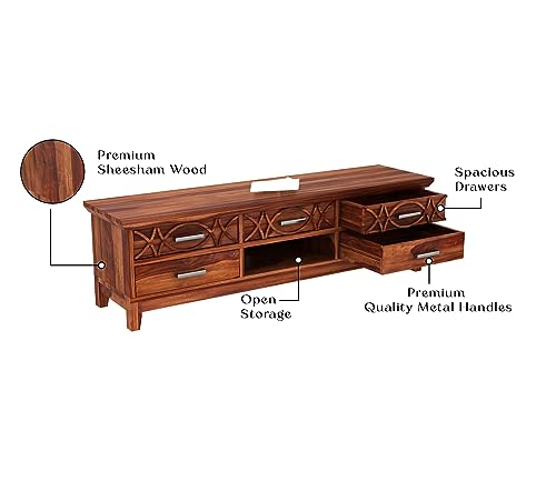 Image of Rustic Solid Sheesham Wood TV Unit Chest of Drawers for Living Room - 5 Drawers and 1 Shelf Storage - Accommodates up to 65-Inch TV (Jace, Honey Finish)