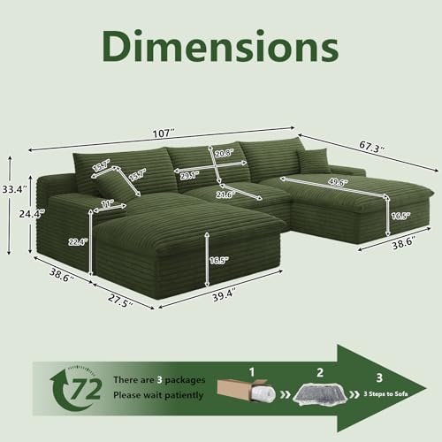 Image of 107 inch Cloud Couch Modular Sectional Sofa for Living Room, U-Shape Boneless Couch with Deep Seat, Modern Corduroy 3-Seater with Ottoman, No Assembly Required (Green,Right-Facing Chaise)