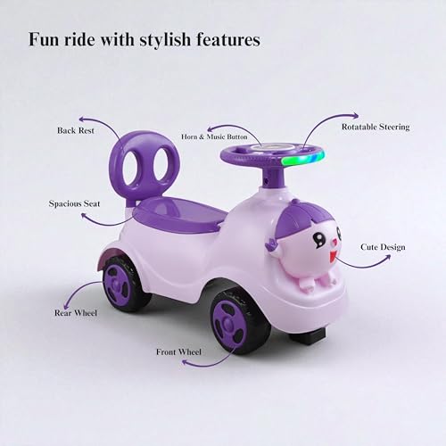 Image of kidsROAR Push Ride On Car for Kids 1-5 Years | Baby Push Car with Music, 3D Lights & Backrest | Premium Ride On Toy Supports Up to 35kg (Cartoon, Purple)