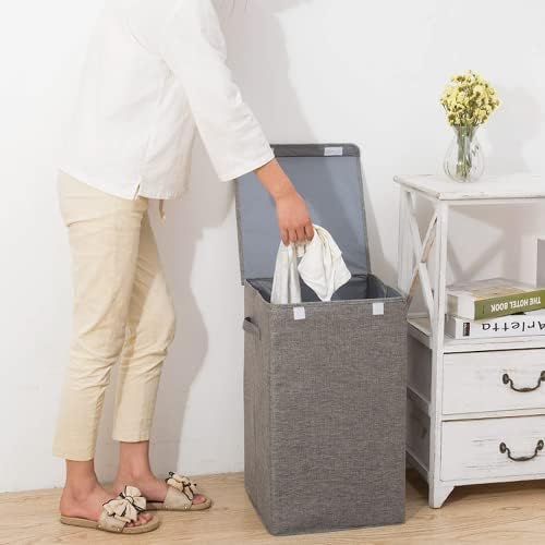 GVTECH Large Capacity Laundry Baskets Linen Fabric Collapsible, Storage Basket with Lid and Handles, Suitable for Bedrooms, Laundry Room, Bathroom (Grey, 34 x 34 x 58 Cm (67L))
