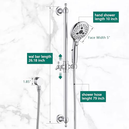 UCLIMAA Handheld Shower Head with Slide Bar Combo, 6 Settings Handheld Shower with ON/OFF Pause Switch, Adjustable Height 27.5" Long Slide Bar, Round Wall Supply Elbow and 6.6ft Shower Hose, Chrome by UCLIMAA - Used condition - Image 8