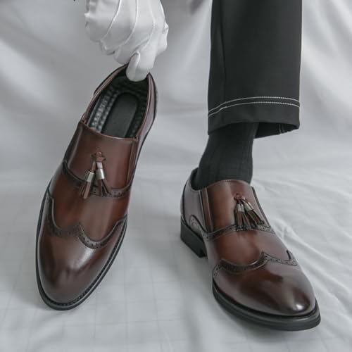 Men's Retro Leather Slip-On Wingtip Brogue Dress Tassels Loafer Shoes Pointed Toe Low Chunky Heel Non-Slip Casual Shoes for Business Dress Prom Party Formal3