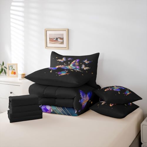 Image of Erosebridal Flying Butterfly 7 Pieces Bedding Set King,Diamond Butterflies Bed in a Bag,Outer Space Galaxy Bed Set Includes Comforter,Sheet Set,Pillowcases & Pillow Covers,Starry Sky Bedroom Decor