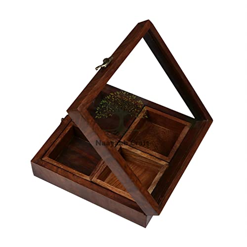Image of Naayaab Craft Sheesham Wooden Masala Spice Box with Spoon, Square Spice Container for Kitchen, Masala Dani for Spices & Dry Fruits, Wooden Kitchen Storage Box