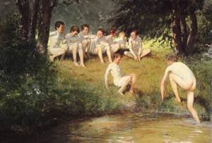 Peinture à l'huile At The Swimming Hole Joseph Eduard Sauer reproduction d'art de luxe 20x24