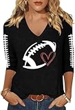 Women's Football Heart Graphic V Neck Tee Football Season 3/4 Sleeve Shirt Game Day Casual Tops(Large,Black04)