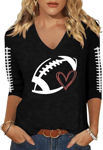 ZKDOO Women's Football Heart Graphic 3/4 Sleeve V-Neck T-Shirt，Black-4，S