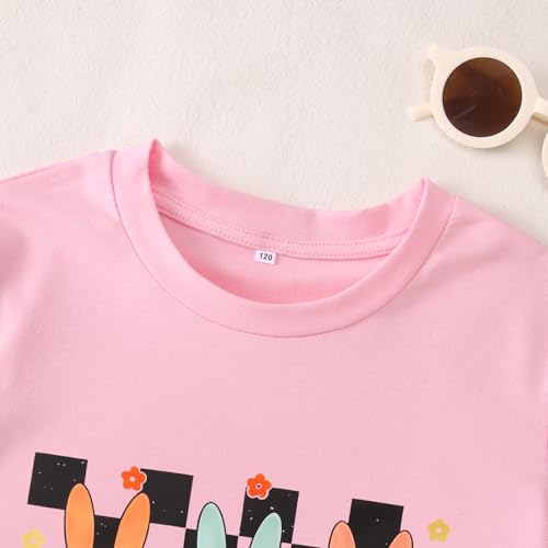 Image of CM C&M WODRO Kid Girl Easter T-Shirt Cute Bunny Flower Checkered Print Tees Summer Short Sleeve Shirt Tops 7-12 Years