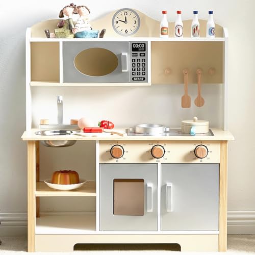 Wooden Play Kitchen, Kids Toy Kitchen Cooking Set, Kids Play Kitchen Pretend Play Set, Pretend Kitchen Playset for Toddlers Boys and Girls 3-7+