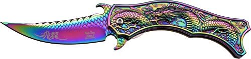 Dark Side Blades - Spring Assisted Folding Knife - Rainbow TiNite Coated Stainless Steel Blade and Handle, Dragon Theme, Pocket Clip, EDC, Fantasy, Collectible, DS-A019RB