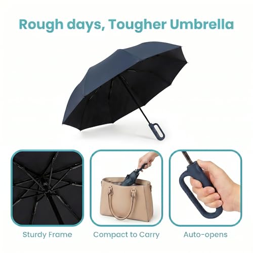 Image of Roughhouse UV Protection Travel Umbrella for Sun & Rain | Auto Open Close | Windproof Compact Folding Umbrella with FlexLoop Handle | Lightweight for Men, Women & Kids
