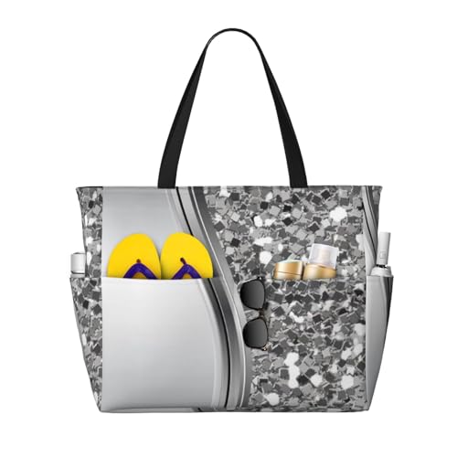 Silver Sparkle Glam Bling Large Capacity Beach Travel Bag – Lightweight Foldable Waterproof & Sandproof Tote With Multiple Pockets,Beach Vacation Essentials
