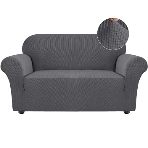 Turquoize Stretch Sofa Slipcover Loveseat Cover Couch Covers for 2 Cushion Couch 1 Piece Sofa Slipcover for Living Room with Jacquard Fabric and Elastic Bottom Pet Furniture Protector (Loveseat, Gray)