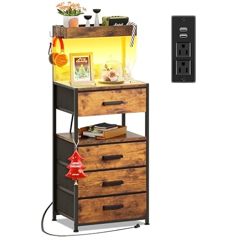 NASHZEN Nightstand 4 Drawer Dresser with LED Lights and Charging Station, Vertical Side Table with Fabric Drawers, End Table, Bedside Table and Dresser for Bedroom, Hallway, Entryway, Rustic Brown Cover