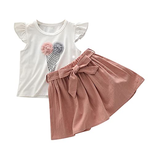 Toddler Kids Baby Girls Ruffle Trim Mesh Patched Short Sleeve Tee T Shirt Tops Skirts 2Pcs Big Fit (Pink, 4-5 Years) #TOP28
