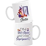 Kaffeebecher für Haarstylisten, personalisierbar, mit Namen, Friseur-Werkzeug, weiße Keramiktasse, 325 ml, 425 ml, Geschenk für Haarschnapisten