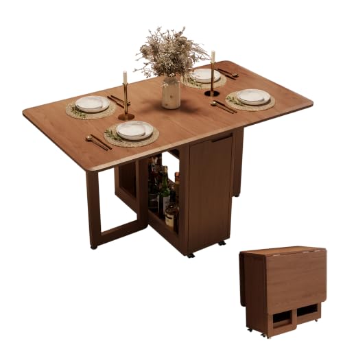Image of AnywaysWood 1 Solid Wood Folding Dining Table, Space Saving Extendable Solid Wood Drop Leaf Table for Kitchen Dining Living Room Small Spaces(55inch 1 Wooden Foldable Table) Easy Assembly