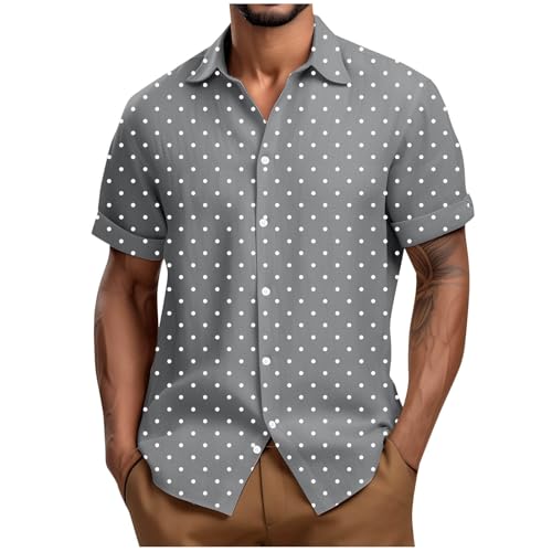 RLEHJN Summer Shirts for Men Adult UK Daily Deals, Mens Short Sleeve Shirt Polka Dot Printed Button Down Hawaiian Shirts Summer Turn-Down Collar Shirt Lightweight Regular Fit Casual Tops M-4XL Gray