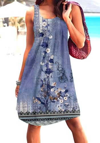 Image of Camisunny Women Casual Loose Tank Dresses Sleeveless Beach Vacation Dress Swing Pleated U Neck Fashion Soft