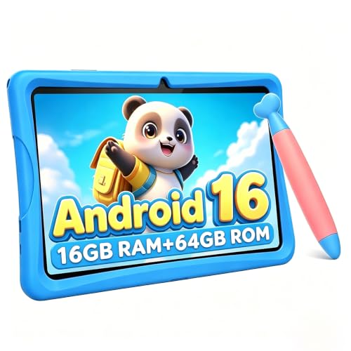 2026 Upgraded Kids Tablet 10 inch Android 16 Tablets for Kids Parental Control Pre-Installed Kiddos Software & Kids Space Includes Case & Stylus Pen 16GB RAM 64GB ROM 2TB Expand HD IPS Screen