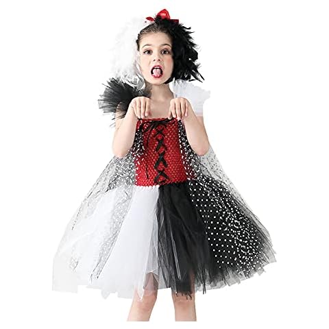 OBEEII Cruella De Ville Costume Kids Girls Black White Evil Queen Cruella Outfits Handmade Tulle Dress + Hat/Wig Halloween Cosplay Birthday Party Dress up Costume #Dress+wig02 4-5 Years Cover