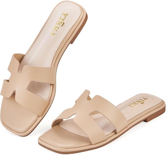 Sandals for Women 2025 Dressy Cute Summer Flat Slides Comfortable Soft Leather for Ladies Casual Square Open Toe Slip On Beach Sandals Nude 9