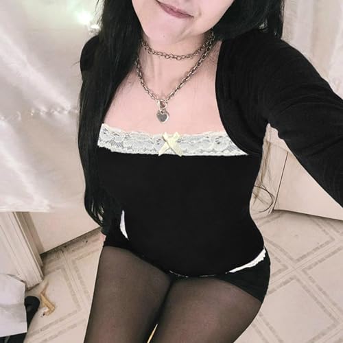 Image of Fairy Grunge Shirts for Women Y2K Tops Long Sleeve Lace Patchwork Tees Teen Girls Vintage Slim Blouse Fall Clothes