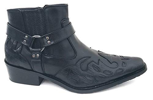 W1TCJ Men’s Cowboy Boots Western Ankle Harness Leather Lining Side Zipper Shoes (Black-1, US Footwear Size System, Adult, Men, Numeric, Medium, 7.5)2