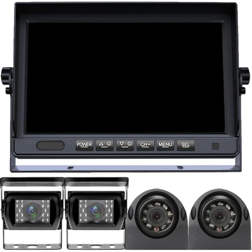 RV Backup Camera System with 7'' Quad Split 1080P Monitor for Truck Trailer Semi Camper Bus & 4 AHD Rear Side View Camera with DVR Record Function IP69 Waterproof Night Vision Avoid Blind Spot DOUXURY