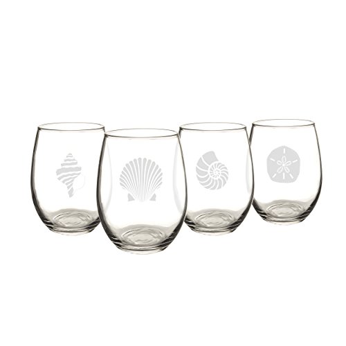 Cathy's Concepts SEA-1110 Seashell Stemless Wine Glasses – 4 Unique Designs, Holds Up to 21 oz., 4-Glass Set
