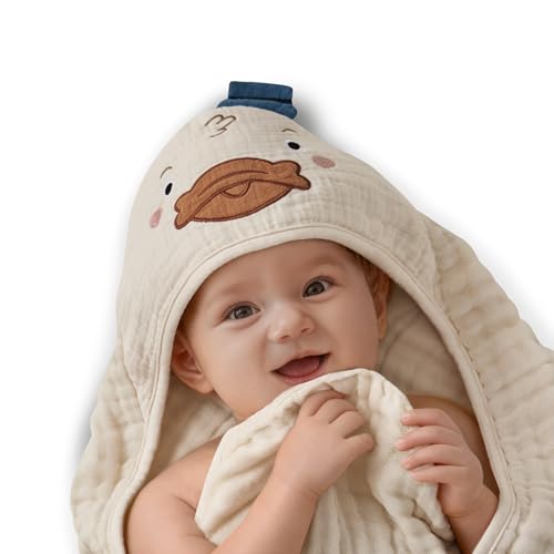 Image of Blissful Diary Muslin Baby Hooded Towel 1 Pack, Soft & Absorbent Bath Towel for Infant, Toddler, Unisex, Baby Gift, Newborn Essentials, Dapper Duck
