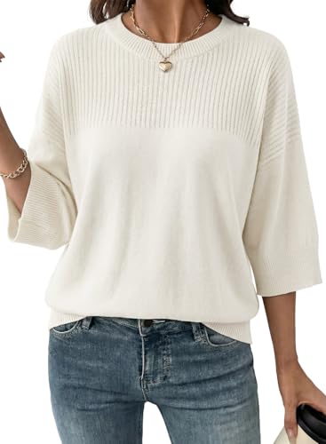 Dokotoo Summer Sweaters for Women Crewneck 3/4 Sleeve Oversized Cropped Casual Lightweight Knit Tops 2026 Spring Fashion Trendy Cozy Soft Floral White Sweater Drop Shoulder Cute Tops Women Blouses