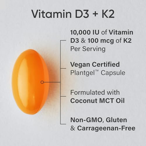 Image of Sports Research Vitamin D3 + K2 with 10,000iu of Plant-Based D3 & 100mcg of Vitamin K2 as MK-7 | Non-GMO Verified & Vegan Certified 60ct