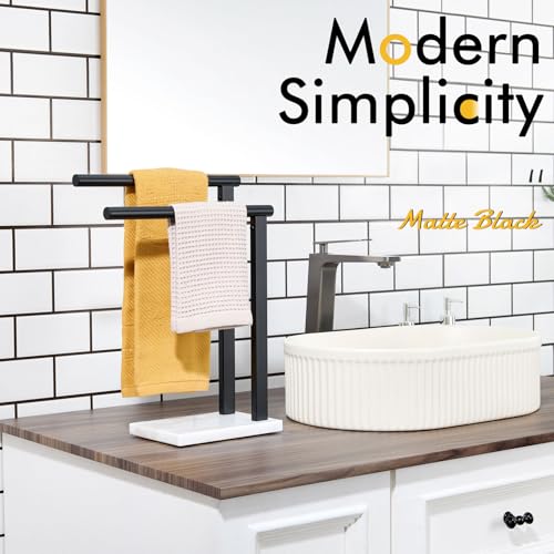 Image of KOKOSIRI Hand Towel Racks Stand Towel Holder 2-Tier with Marble Base for Bathroom Vanity Countertop, Matte Black Stainless Steel 15.7'' Height THS0007-BK