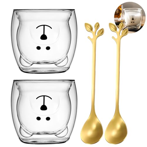 Xiuyer 2 pcs Tazza di Bicchieri Bicchierini Liquore Bicchieri da Rum Bicchieri Amaro Tazzine Caffe Vetro Doppia Parete Tazzine Borosilicato Bicchiere da Vodka 250ml Con 2 Cucchiai(Orso)