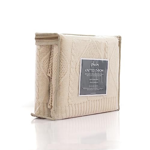 Image of Pluchi Cable Moss Cotton Knitted All Season AC Throw Blanket (125cm X 150cm) (Natural)