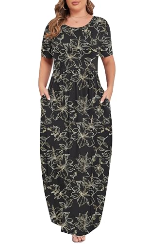 Image of KARALIN Women Plus Size Maxi Dress Short Sleeve Round Neck Loose Fit A-Line | Plus Size Long Dress,Summer Casual Maxi Dresses,Short Sleeve,Side Pockets,Round Neck,Elastic Waist,14 Plus - 26 Plus