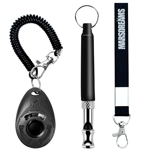 MARSDREAMS - Pet Training Clicker, Whistle -Training Behaviour Aids Accessories for Puppies with Lanyard - Barking Control Device - Long Range Adjustable Frequency - Pack of 3 - Black