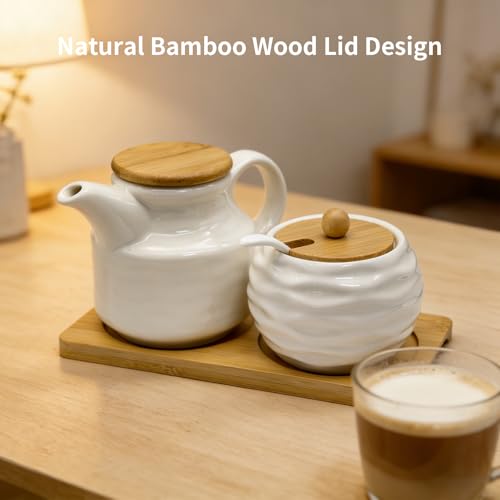 Amestar Ceramic Sugar and Creamer Set, Coffee Bar Accessories Cream Pitcher and Sugar Bowl with Lid, Spoon and Wooden Tray, White Creamer Pitcher for Afternoon Tea, Cream, Coffee Syrup and Condiments - Thumbnail 3
