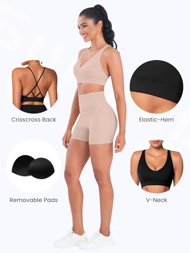 Image of Sunzel Strappy V Neck Criss Cross Back Sports Bra for Women | Removable Pads, Buttery Soft, Four-Way Stretch, Criss Cross Back, V Neck Contour Fit, Medium-Light Support, Yoga Workout Gym