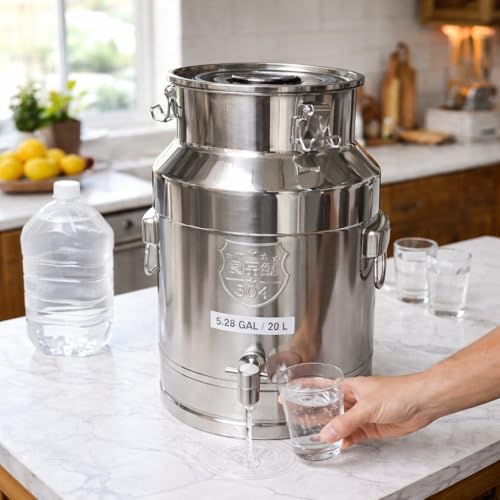 304 Stainless Steel Milk Can with Spigot 5 Gallon Metal Water Dispenser 20L Steel Water Tank & Stainless Steel Beverage Dispenser Heavy Duty Drink Dispensers for Milk Wine